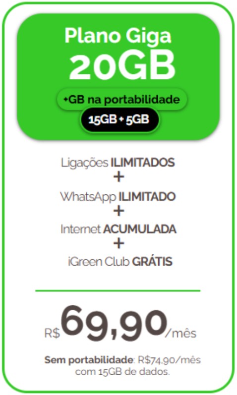 Plano Giga 20GB - Plano de celular 20GB com internet acumulada Igreen Telecom